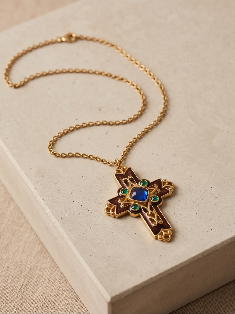 Avon Gold-Tone Enamel Cross Pendant Necklace with Faux Gemstones